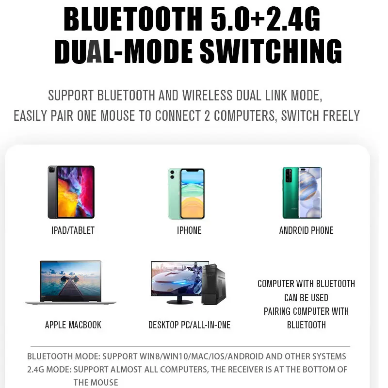노트북 컴퓨터 PC 맥북용 무선 블루투스 5.0 마우스 - USB 충전식 RGB 조명 전원 표시등이 있는 게이밍 마우스 2.4GH