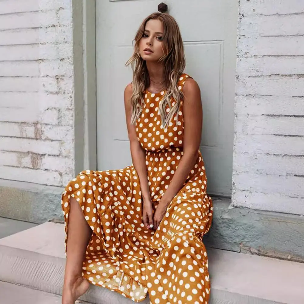 

Lady Summer Dress Contrast Color Dot Print Sleeveless O Neck High Waist A-line Ankle Length Maxi Dress Dating Commute Vacation L