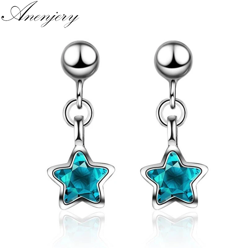 ANENJERY Silver Color Copper Simple Fashion Ocean Blue Crystal Little Star Tassel Earrings For Women Jewelry Best Gift S-E578 | Украшения и