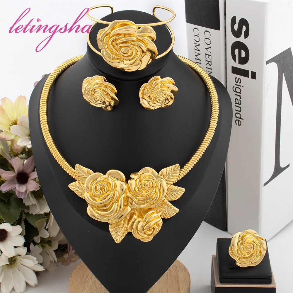 

African Flower Design Earrings Pendant Bangle Ring Set Dubai Luxury 18K Gold Plated Jewelry Set Gold Color Classic Jewellery