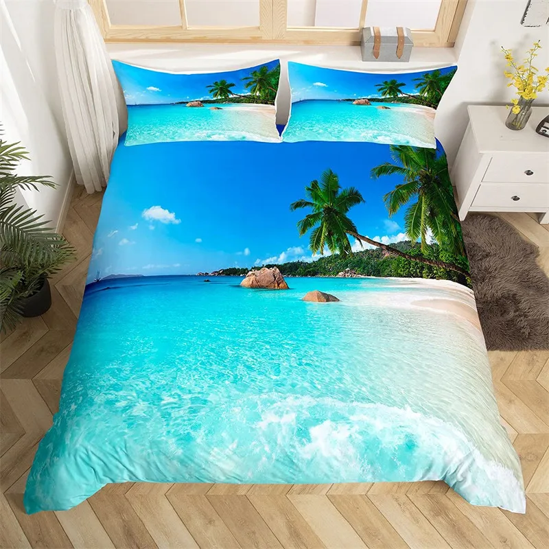 Beach Duvet Cover Set Polyester Tropical Island with The Palm Tree and Sea Beach Nature Theme Double Queen King Size Quilt Cover S24cce178b78244dd9e6b806d4fdd90a88