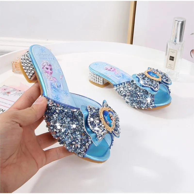 Girls Summer Sandals fashion Slipper Sequined Princesse Children High Heel Party Dress Elsa Shoes Leather Slipper for Girl 6