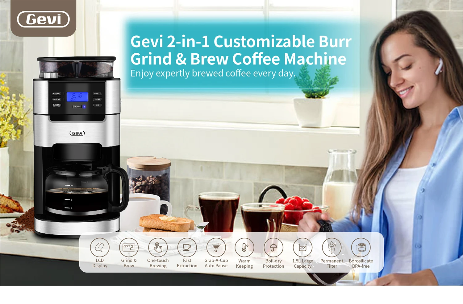 Gevi 10-Cup Grind and Brew Coffee Machine with Burr Grinder