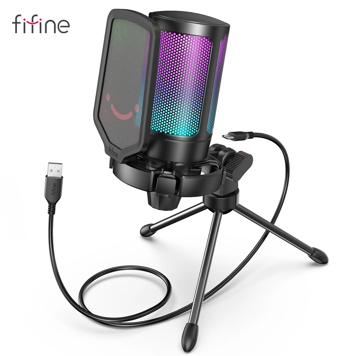 FIFINE USB Condenser Gaming Microphone, for PC PS4 PS5 MAC with Pop Filter Shock Mount&Gain Control for Podcasts,Twitch,YouTube