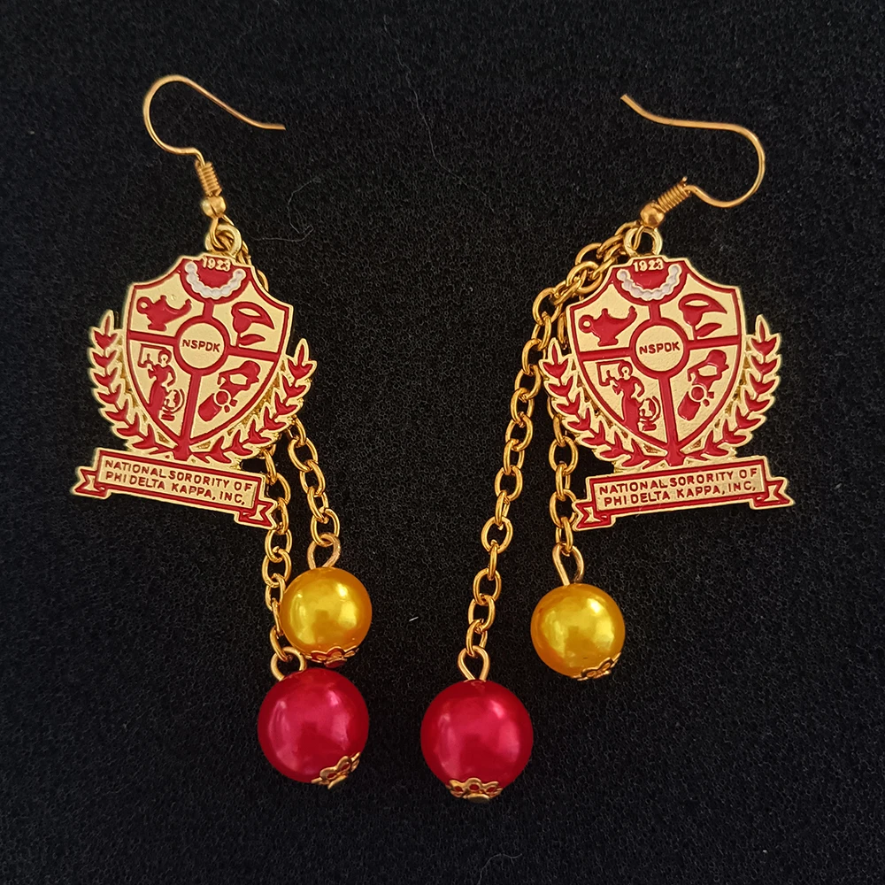 

New Hot University Red sisters Club Enamel Metal Greek alphabet Pendant Pearl Earrings