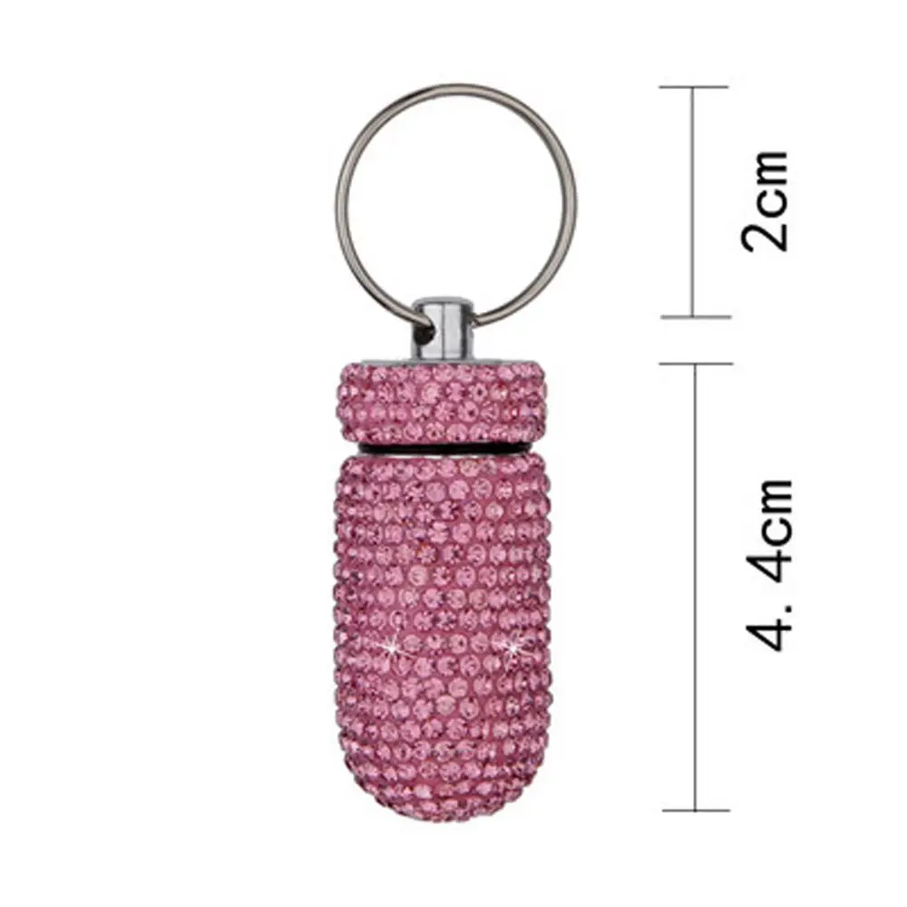 Women Crystal Granule Storage Box Waterproof Rhinestones Capsules Organizer Travel Pill Case Bling Medicine Bottle Key Ring