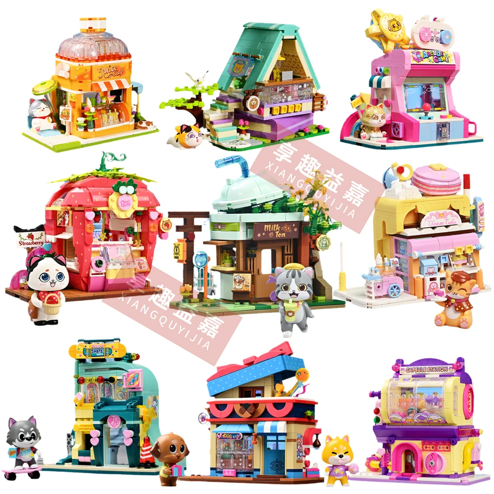 New Lovely Street Girls Set Cat Strawberry House Building Block Creative Mike Tea Store Mattoni Fai Da Te Holiday Kids Girl Toys Gifts