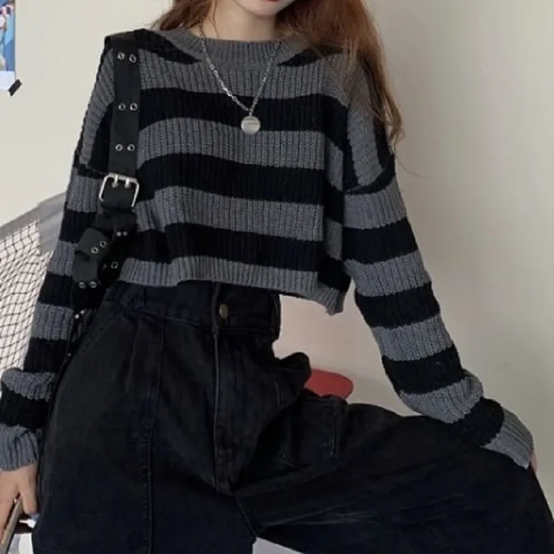 

Striped Cropped Sweater Women Long Sleeve O-neck Pullovers Korean Fashion Tops Vintage Oversize Knit Jumper Female Autumn
