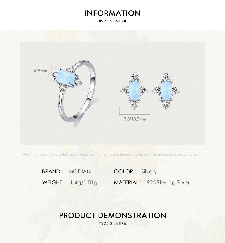 MODIAN Authentic 925 Sterling Silver Geometric Rectangle Natural Opal Jewelry Sets Rings Earrings For Women Wedding Jewelry
