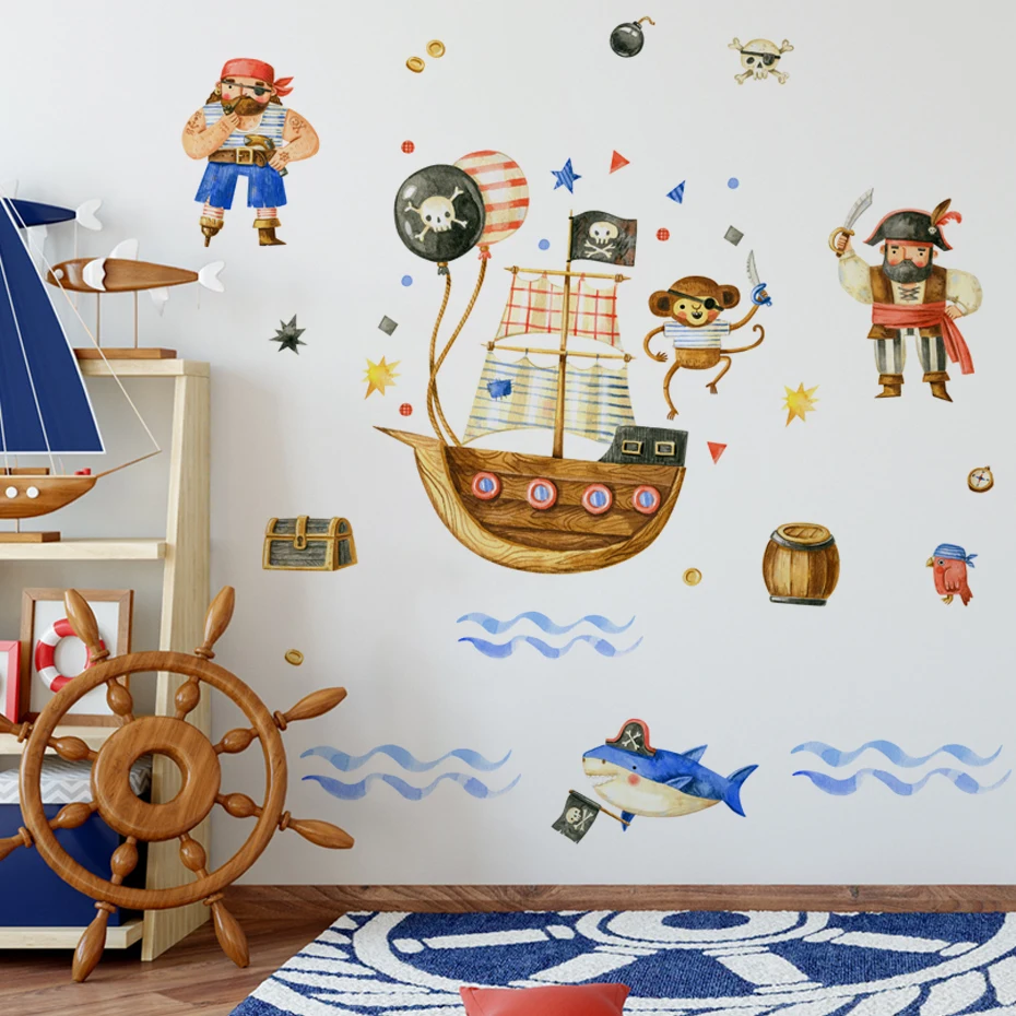 Cartoon Pirates Corsair Monkey Treasure Watercolor Wall Sticker Vinyl Boy  Baby Nursery Art Decals for Kids Room Home Decor - AliExpress, image size:930x930