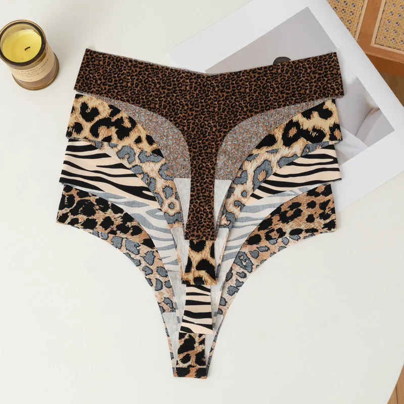 Thongs 3Pcs/Set Sexy Leopard Women'S Panties Female Underwear Seamless Printed Ice Silk Briefs Sport Breathable