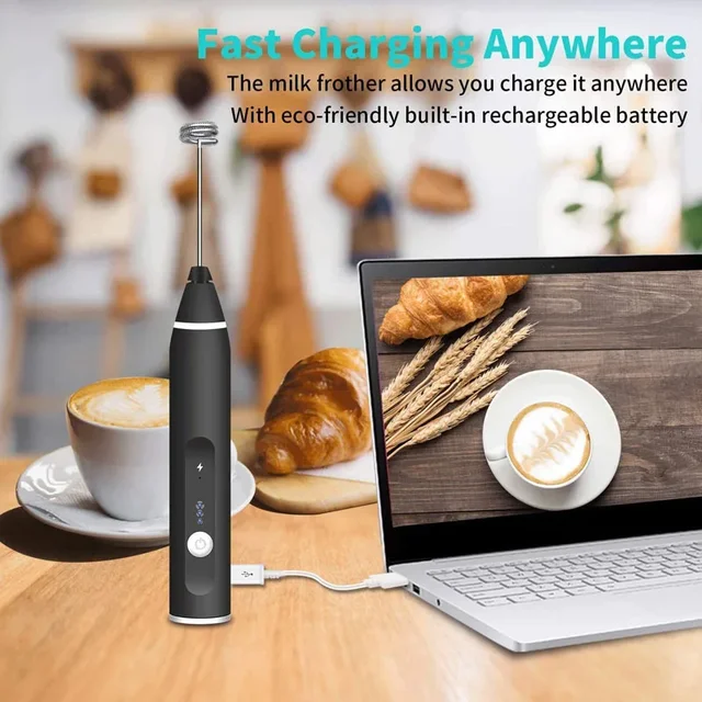 Montalatte portatile per schiuma, miscelatore per caffè ricaricabile tramite USB, mini frullatore regolabile a 3 velocità per la cucina domestica 2