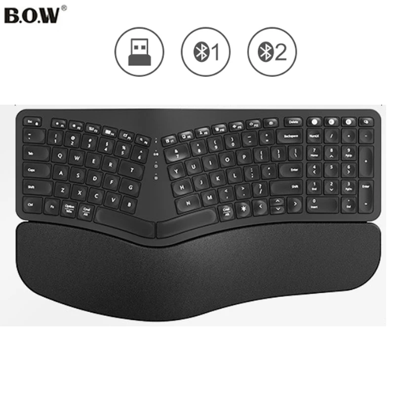 BOW Backlit Ergonomic Split Keyboard with Wrist Rest 2.4G+Bluetooth