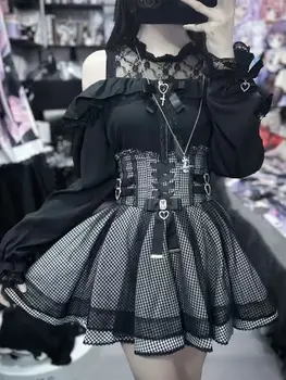 2025 Japanese Black Mini Skirt Set Gothic Ruffle Mini Skirts Sexy Lace Off Shoulder Lolita Shirt Women Y2k Aesthetic Design Suit 1