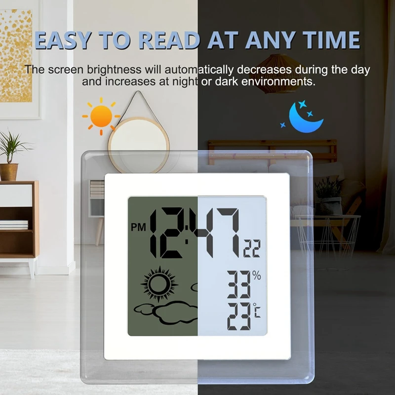 Digital Battery Operated Alarm Clock With Auto Backlight, Indoor Temperature Humidity, 12/24H, Date, Desk Clock, Durable 2