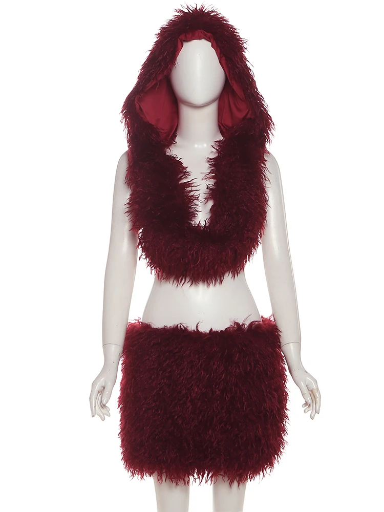 Nibber Furry 2 Piece Set Woman Lace-Up Backless Hooded Crop Tops+Skinny Peach Hip Mini Skirts Hottie Street Sexy Fashion Outfits