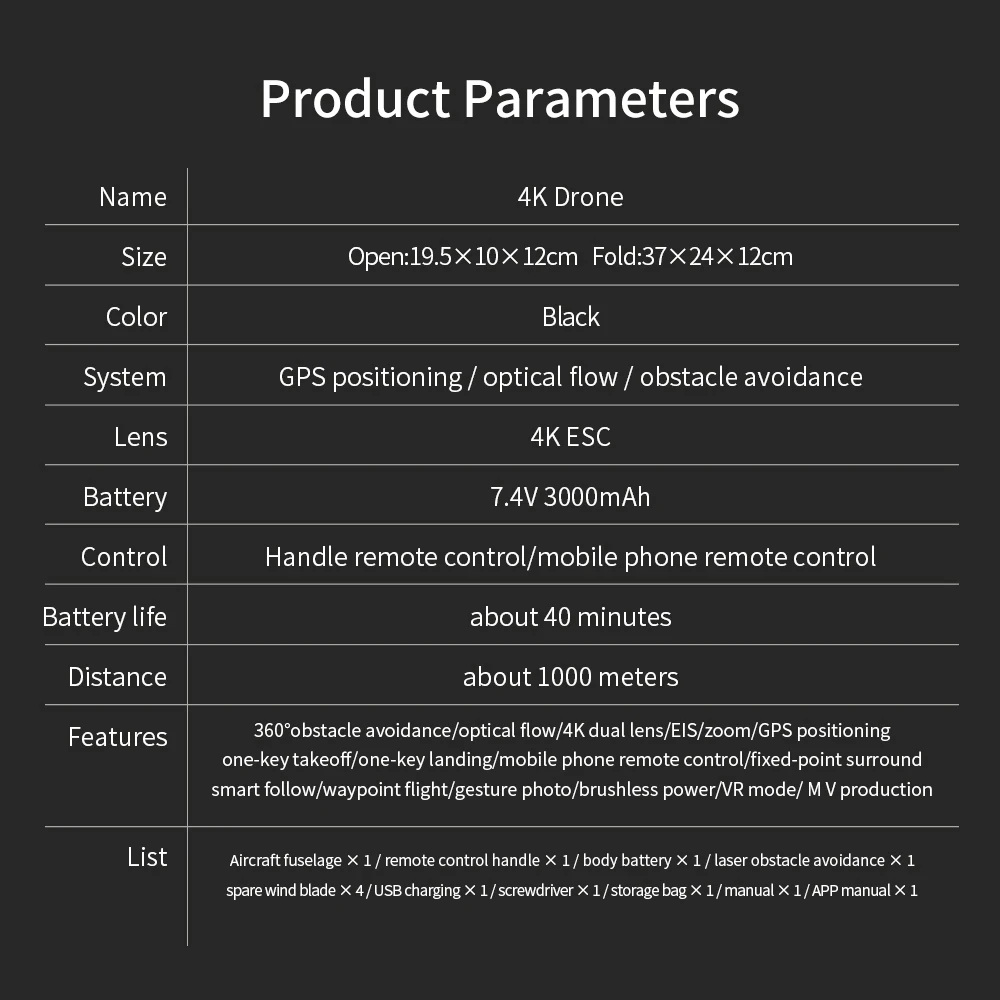 KBDFA U99 Drone, 4K Drone Size Open:19.5X10X 12cm Fold:37X