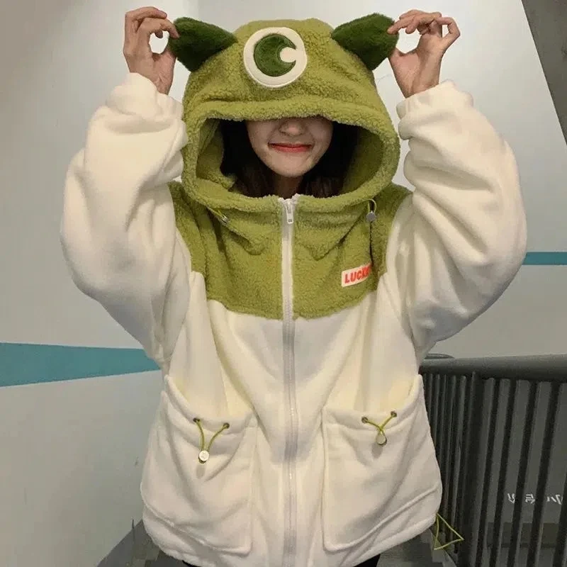 

2022 New Cardigan Color Matching Lamb Fleece Women's Autumn And Winter Hooded Sweater Cute Loose Big Eye Cartoon Fleece Jacket