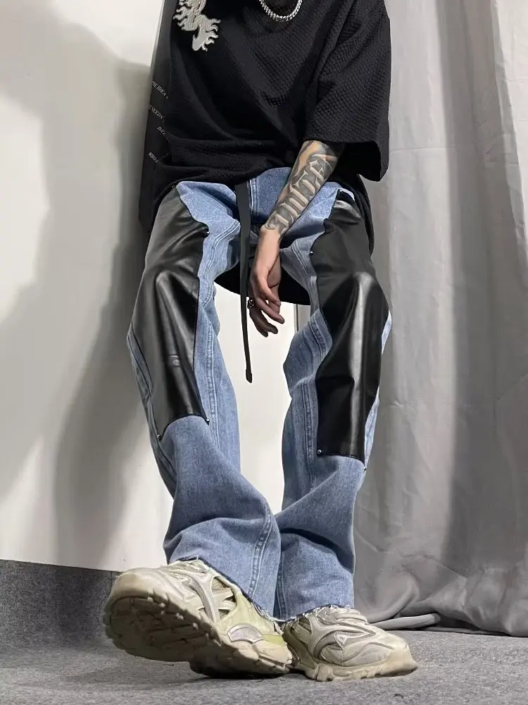 High Street Color Block Spliced Washed Jeans Mens Oversize Wide Leg Straight Denim Flare Pants Retro Loose Casual Trousers