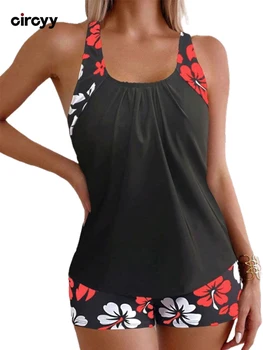 Circyy Swimwear Women Tank Top Black Split Swimsuit Printed Beach Shorts Summer 2025 New Female Two-piece Bathing Suit