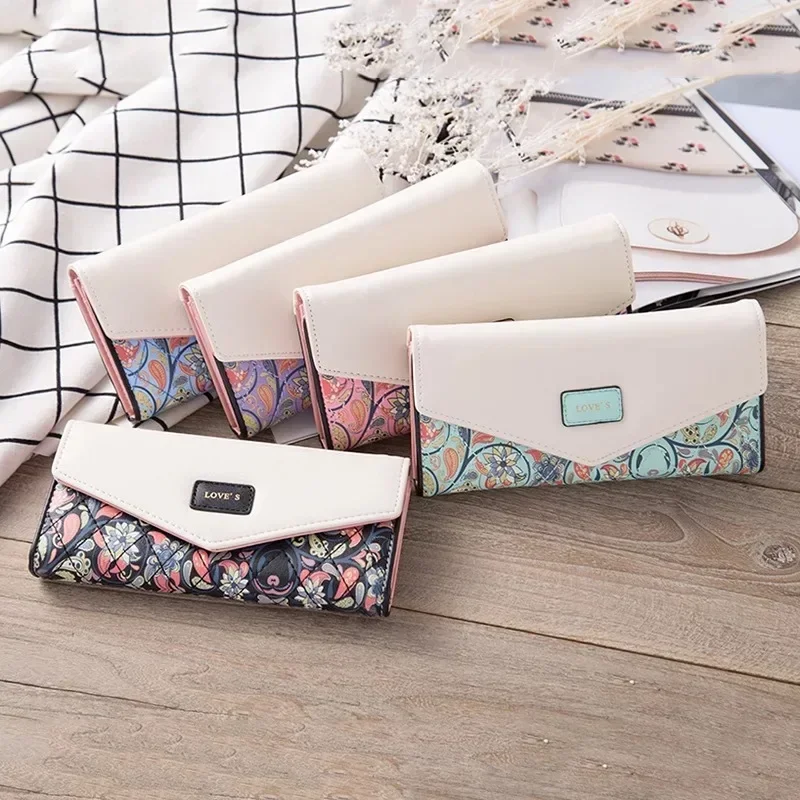 Wristlet Fashion Envelope Women Wallet Hit Color 3Fold Flowers Printing PU Leather Wallet Long Ladies Clutch Coin Phone Purse 3