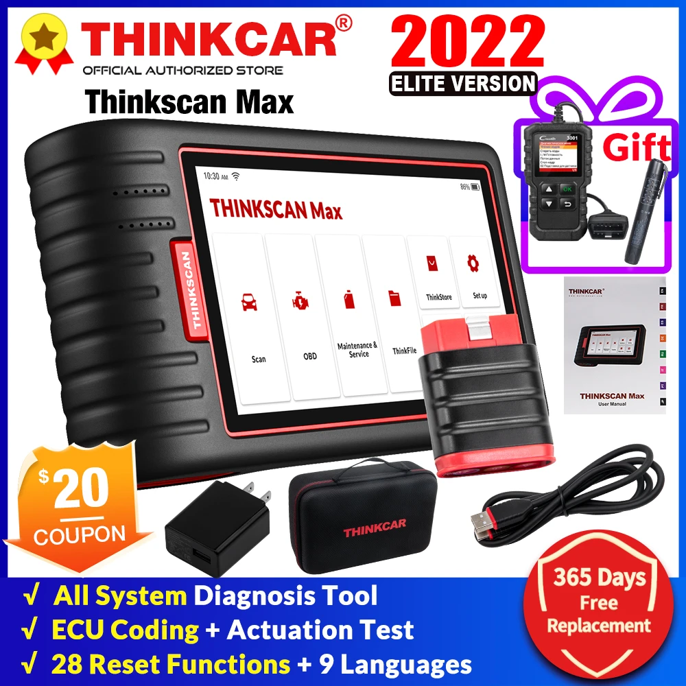 automotive engine analyzer Thinkcar Thinkscan Max auto car Diagnostic Scan Tools full System OBD2 Scanner 28 Reset TPMS IMMO ECU Coding PK ThinkTool Mini car battery checker