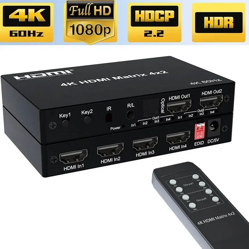

HDMI 2.0 Matrix 4x2 2x2 2x4 4K 60Hz with Audio Extractor HDR 3D HDMI Switch Splitter for Xbox PS4 Ps5 Laptop PC To TV Projector