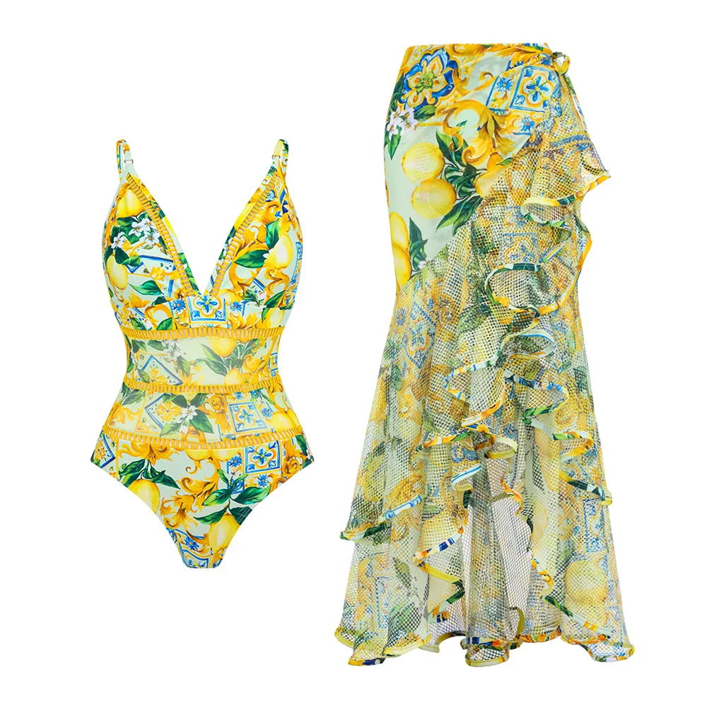 

Женский слитный купальник в стиле ретро, Желтое Бикини с принтом и накидкой с юбкой, элегантный облегающий пляжный купальник для лета