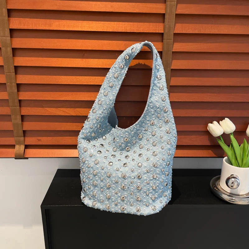 Denim Sequin Rivet Underarm Shoulder Bag,Vintage Metal Stud