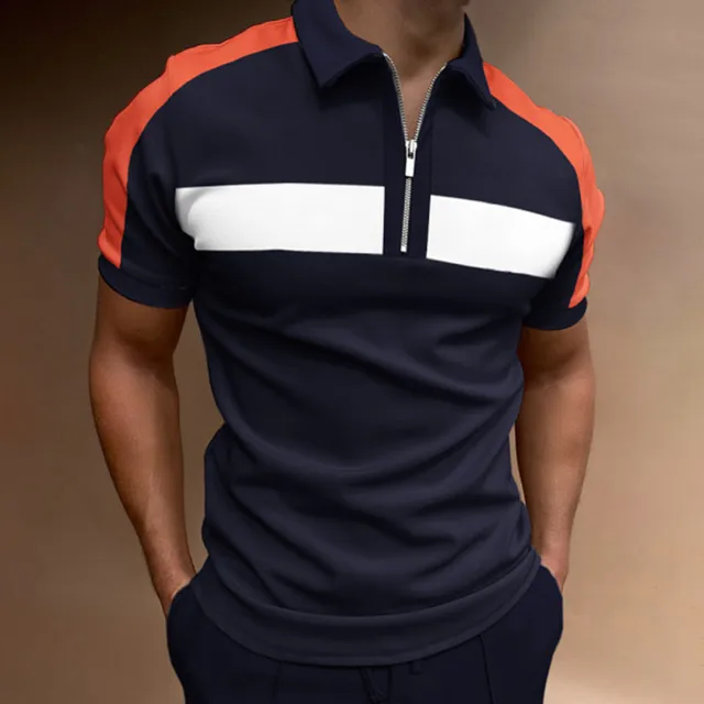 2022 New Style High Quality Men Polo Shirts Casual Patchwork Homme Polo Shirt Short Sleeve Turn-Down Zipper Collar Polo L-014