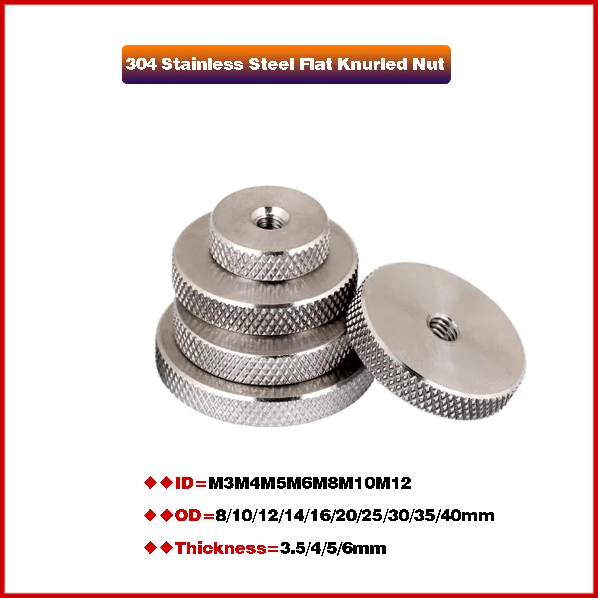 M3 M4 M5 M6 M8 M10 M12 304 Stainless Steel Flat Knurled Nut Thin Hand Screwed Nut Knurled Round Thickness3.5/4/5/6mm