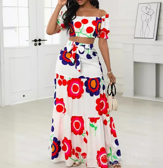 

Women Vacation Skirt Set 2024 Summer Latest Short Sleeved White Flower Dress -2-Piece Set with Non Positioning Print - with Belt