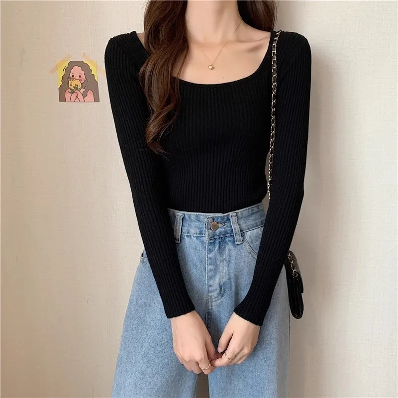 Frauen Grundlegende Solide Square-neck Pullover Hohe Qualität Slim Fit Beiläufige Gestrickte Pullover Herbst Winter Langarm Basis Schicht tops – Detail 8