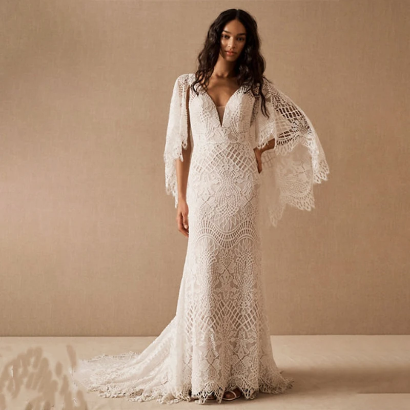 Vestidos de novia boho de encaje sirena con mangas largas Champán