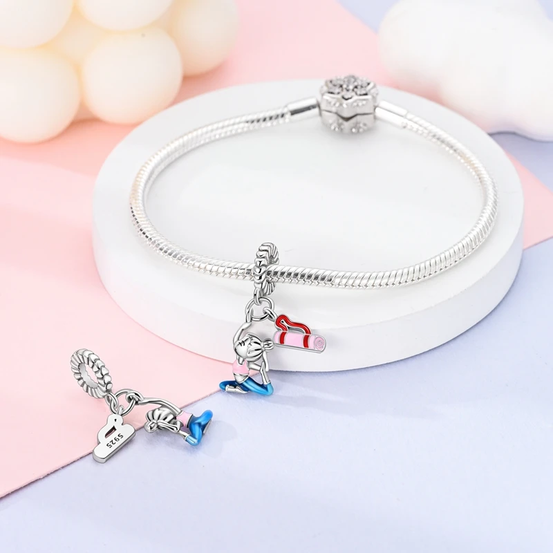 Pulsera Pandora de Plata de Ley 925 para mujer, estera de Yoga deportiva rosa, abalorio doble, accesorios de Juegos Escolares