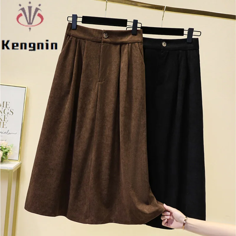 Corduroy Midi Skirts Loose Oversized Women Skirts 2023 Autumn Winter Thick Lady Skirt  A-Line Elastic Waist Female Skirt KE1739