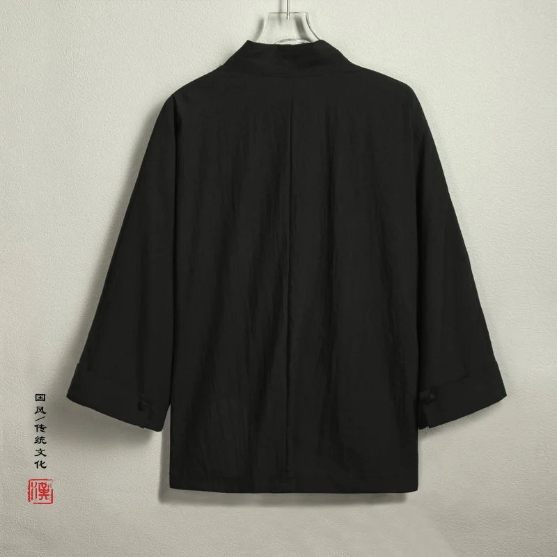 Men Linen Kimono Shirts Men Solid Color Linen Shirt Casual Fashion Open Stitch Shirt Male Kimono Jacket Black