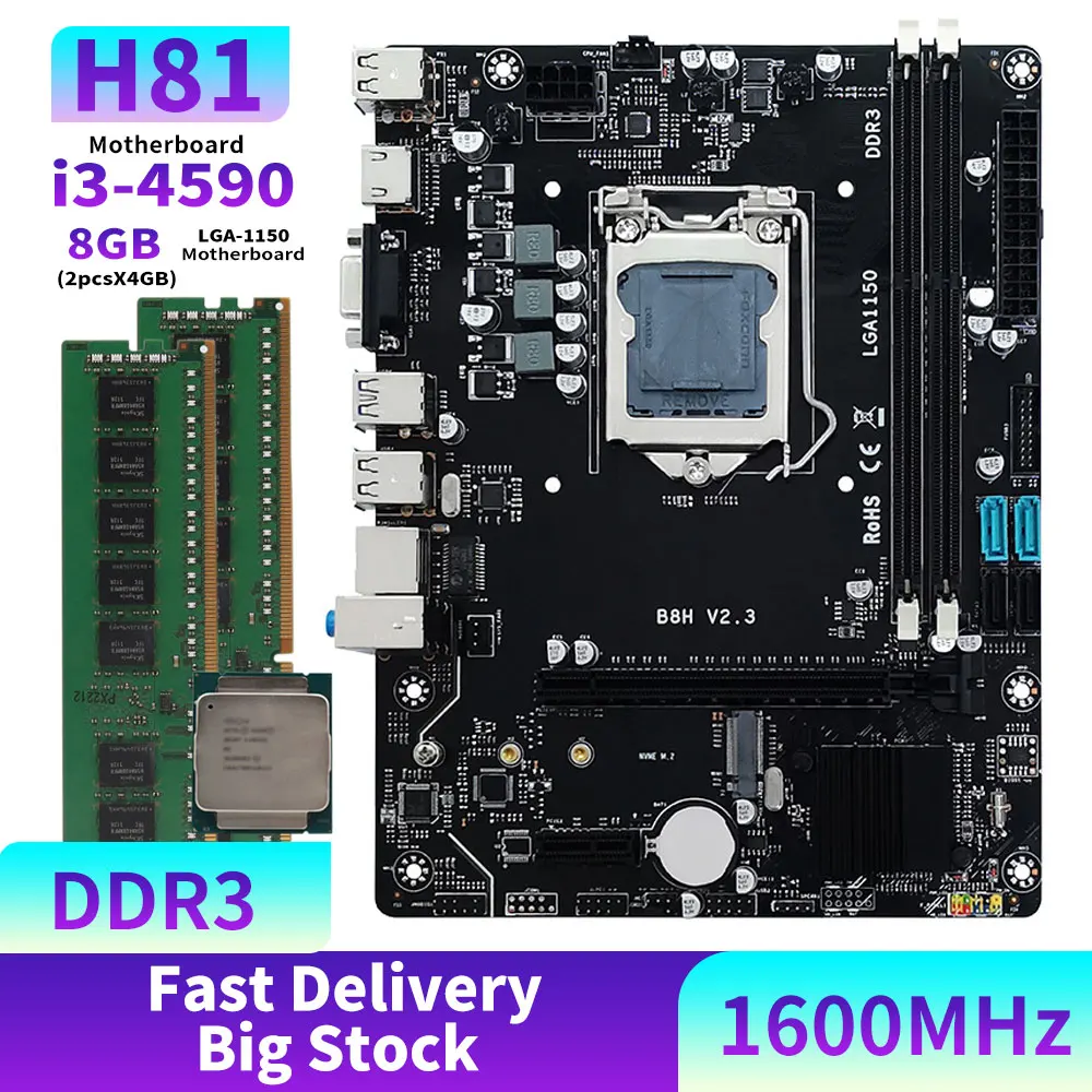 Kit Scheda Madre H81 Lga 1150 Con Processore Core I5-4590 Ddr3 2*4Gb = 8Gb 1600Mhz Memoria Ram Pc, Supporto Usb3.0 Sata3.0