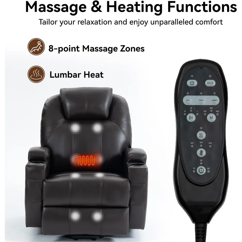 Recliner Lift Chair with Massage and Heating Function,Power Lift Recliner Chair with USB and Type-C Ports PU Leather Brown