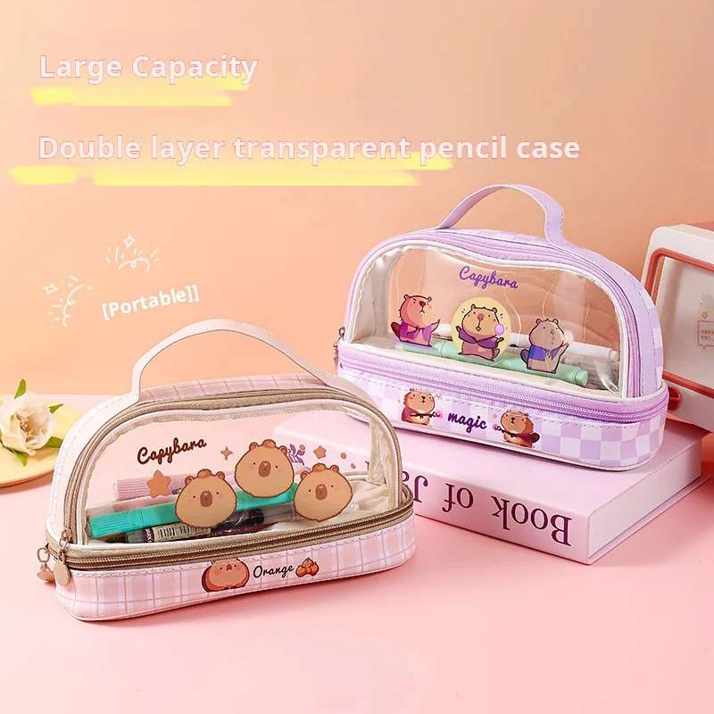 Double-Layer Transparent Pen Case Large Capacity Kapibala Pencil Bag for School Stationary Organizer Students Kids