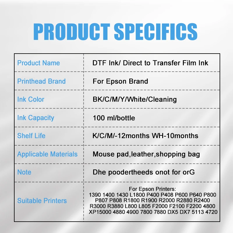 For Epson 100ML DTF Ink Direct To Transfer Film Refill Ink Kit For Epson 1390 1400 1430 L1800 L800 L805 P400 R1800 Pet Film