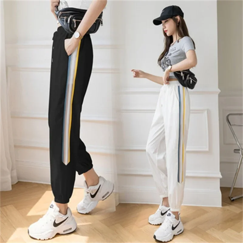 Women Thin Ice Silk Casual Fashion Pants 2024 Female Cool Transparent Trousers College Girls Sport Pants Oversized Sweatpants