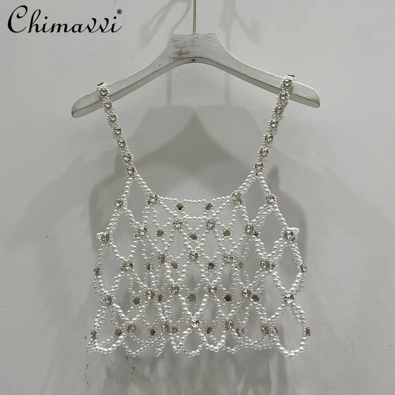 

French High-End Pearl Suspender Vest 2023 Summer New Fashion Bead Chain Hollow Vest Temperament Entry Lux Tanks Tops All-match