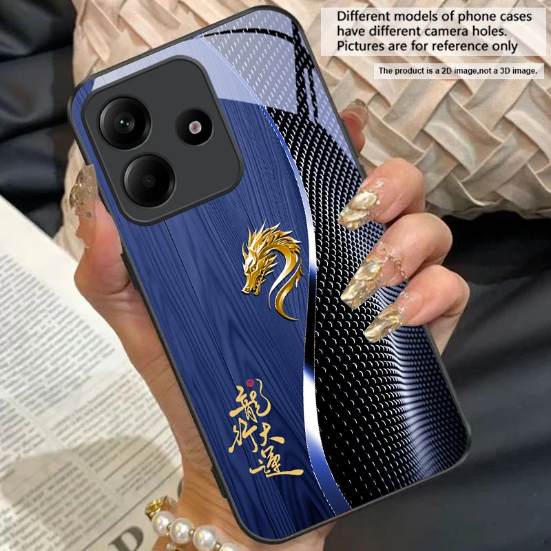 Elegant Black Tempered Glass Phone Case with Traditional Dragon Totem Design