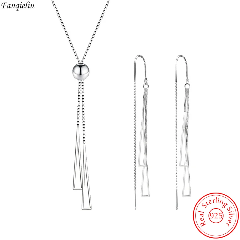 Fanqieliu Real 925 Sterling Silver Triangle Pendant Necklace Box Chain Long Drop Earrings Jewelry Sets For Women Trendy FQL23062 silver jewelry set silver jewelry jewelry set