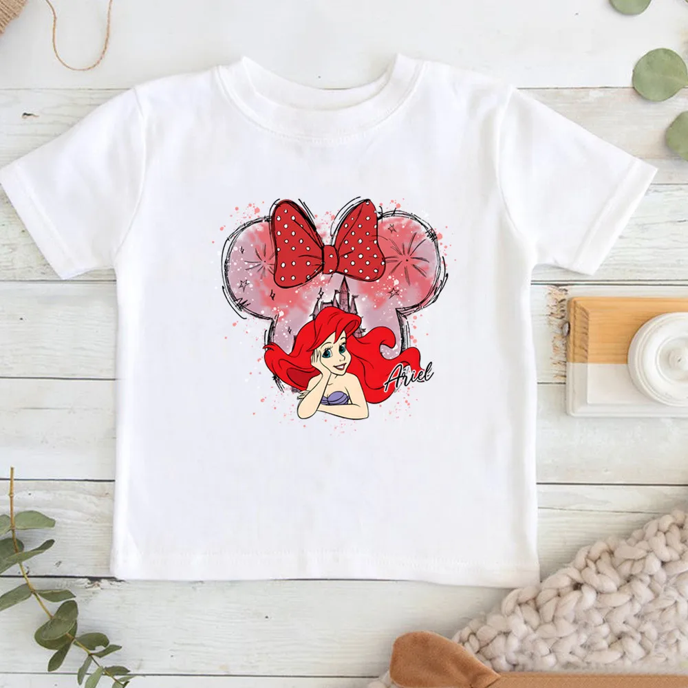 Cartoon Disney Princess Print T-shirts for Children Summer Cotton Short Sleeve Children Clothes Girl Tops 6