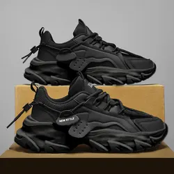 Men's Breathable Casual Sneakers with Thick Soles for Outdoor Comfort (Black)