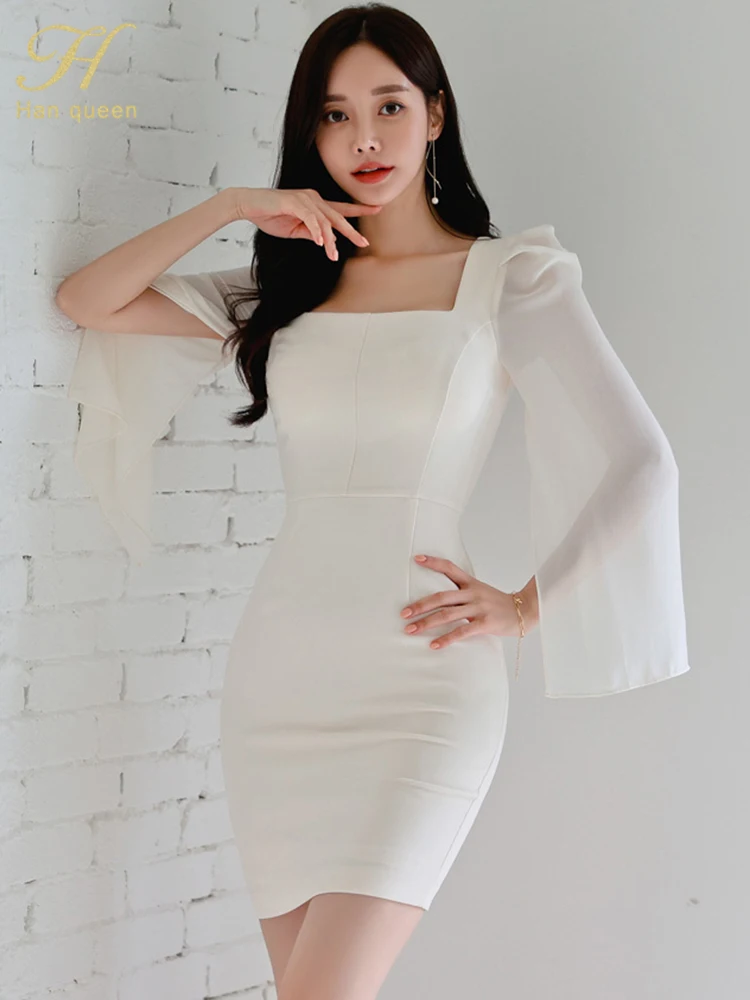 

H Han Queen 2023 Autumn Vestido Korean Elegant Sexy White Fashion Flare Sleeve Work Party Dress Women Sexy Sheath Pencil Dresses