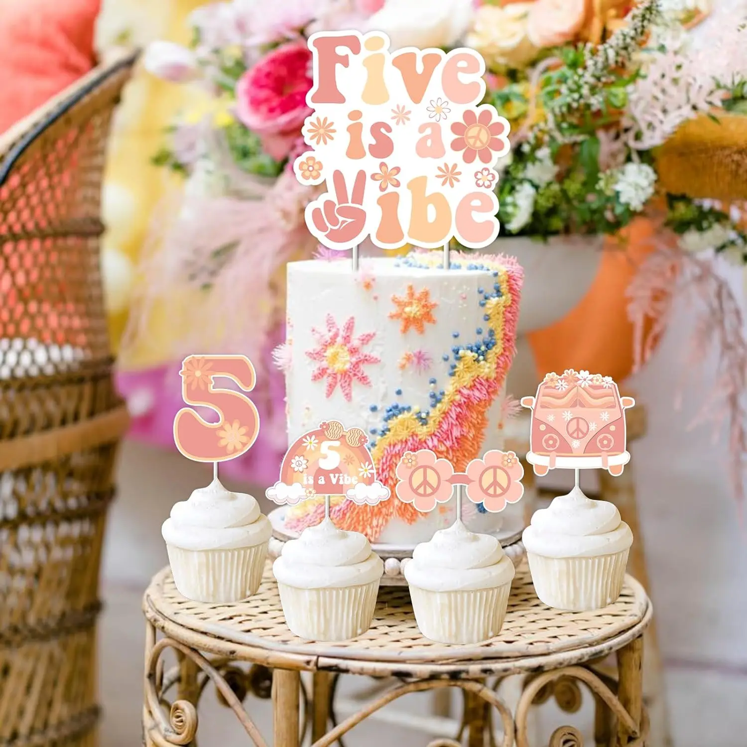 Five is a Vibe Birthday Cupcake Toppers Party Decor Groovy 5th Birthday Party Decorations for Hippie Groovy Supplies