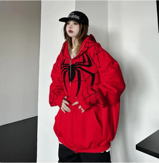 

Толстовка Y2K с рисунком паука и паутины для мужчин, куртка на молнии в стиле Харадзюку, пальто в стиле хип-хоп, уличная одежда, Женский свитшот в готическом стиле панк свободного покроя с карманами